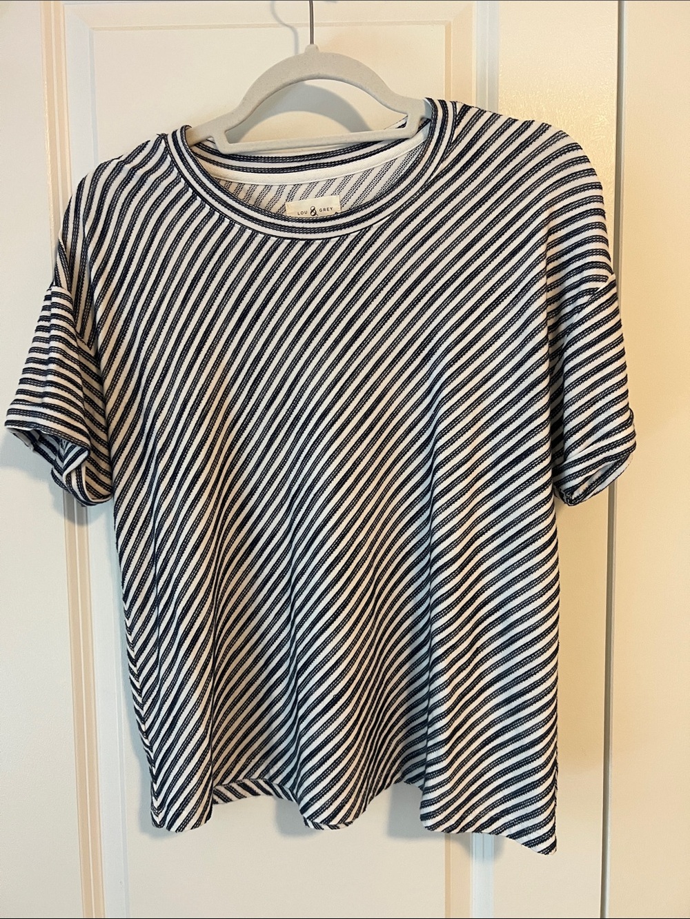 Lou & Grey Navy and White Diagonal Stripe Short Sleeve Tee